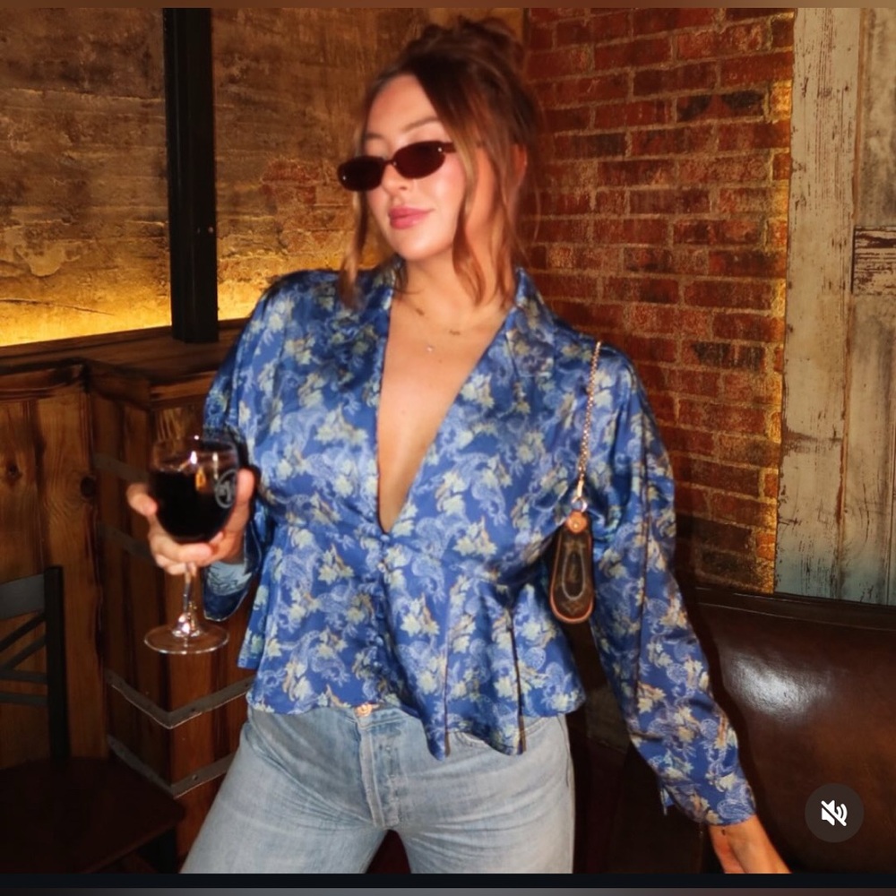 Free People Blue Floral Satin Peplum Blouse